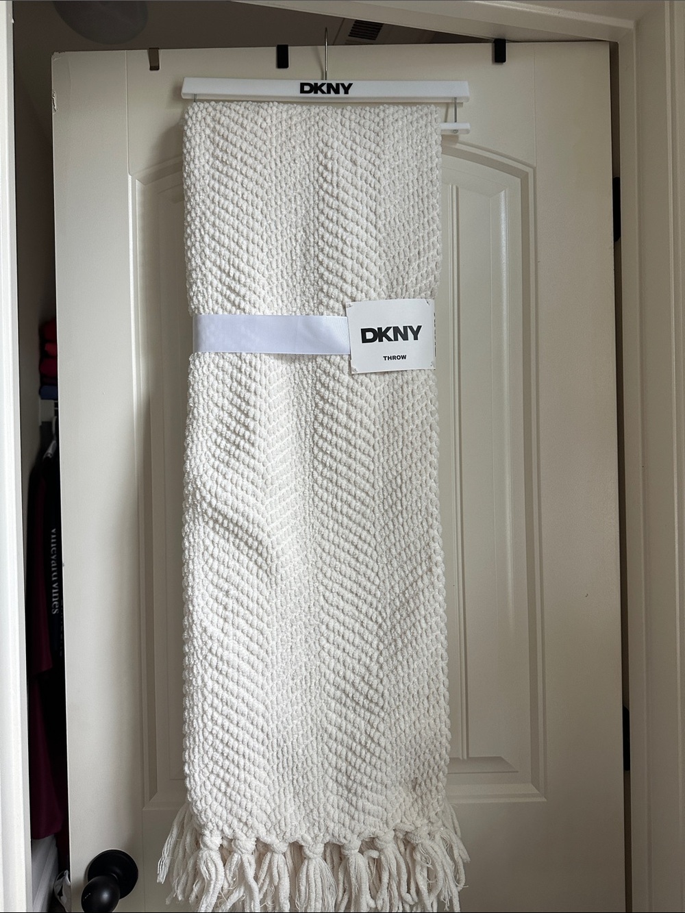 DKNY Cream Waffle-Knit Throw with Fringe